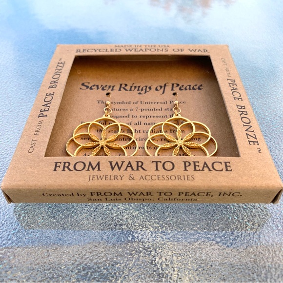 Gold-Dipped Bronze Seven Rings of Peace Floral Dangling Earrings - Picture 2 of 3